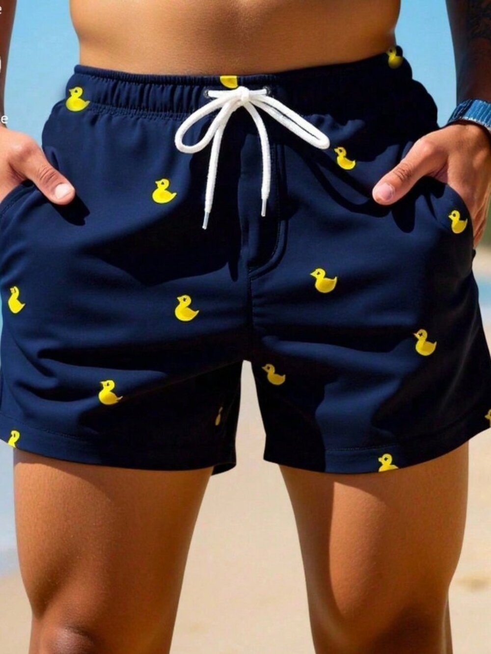 Navy Blue Cartoon Duck Print Men's Drawstring Waist Beach Shorts Swim Trunks